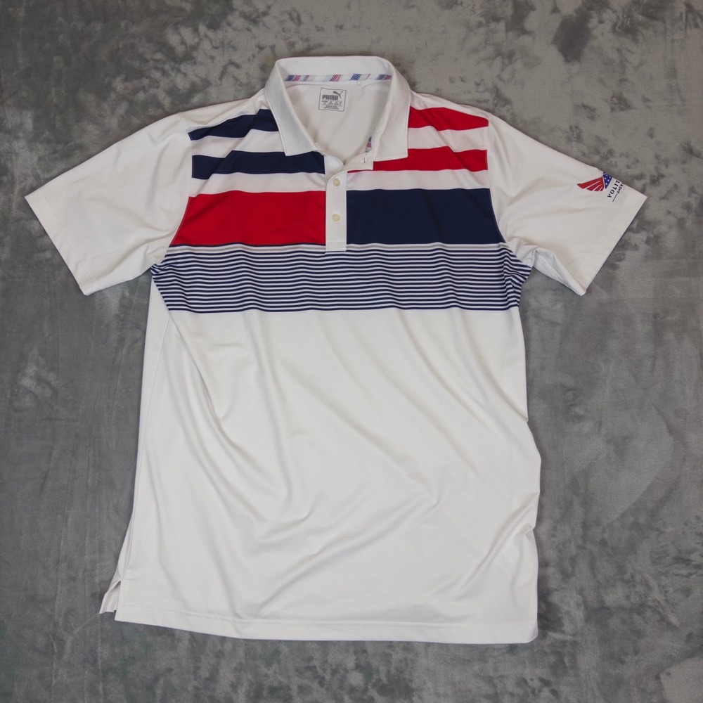 Puma Polo Golf Shirt Mens Large White Red Blue Stripe Volition America 575153